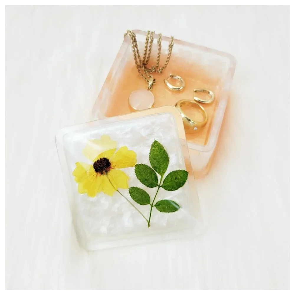 Floral Trinket Box Small Square Jewelry Box Stash Box Yellow Orange White
